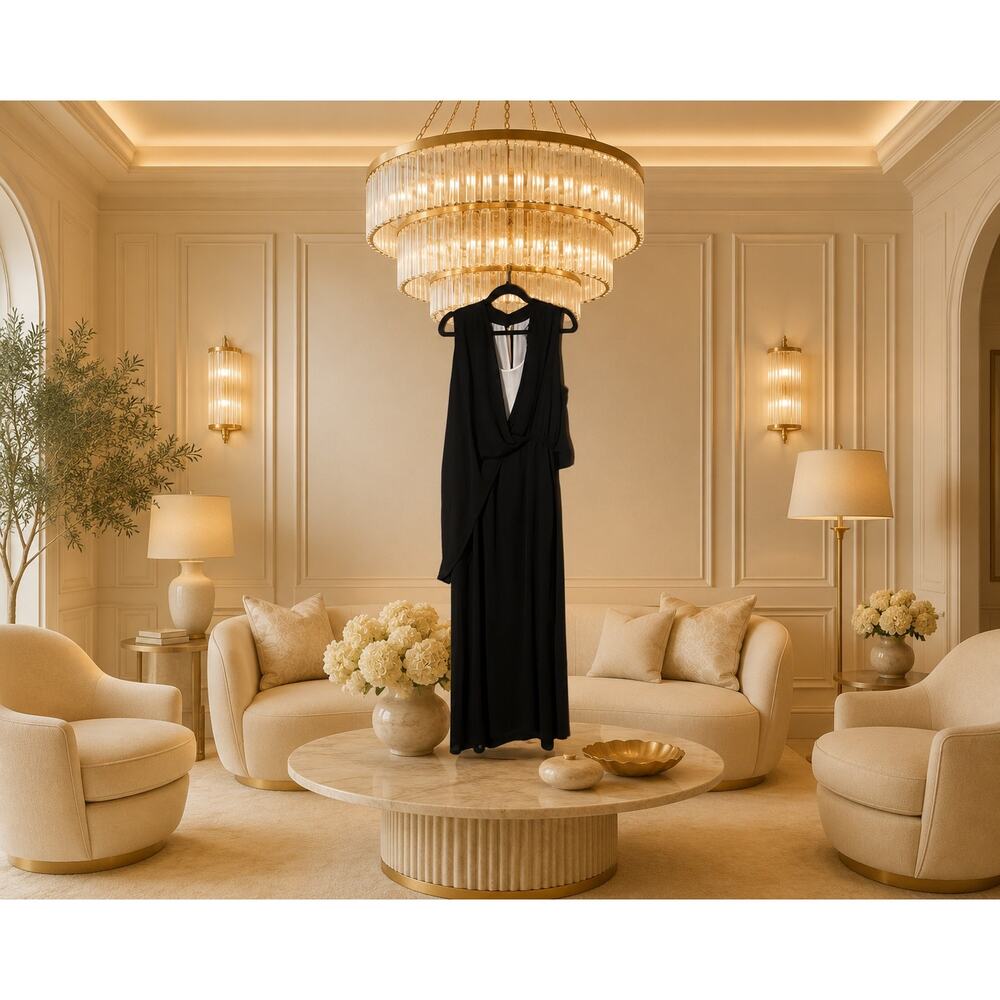 Neiman Marcus Black Asymmetrical Chiffon Maxi Dress White Contrast NWT L Chic